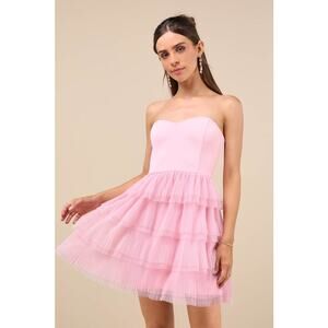 NWT Lulus Fabulous Thoughts Light Pink Tulle Strapless Tiered Mini Dress Fairy S